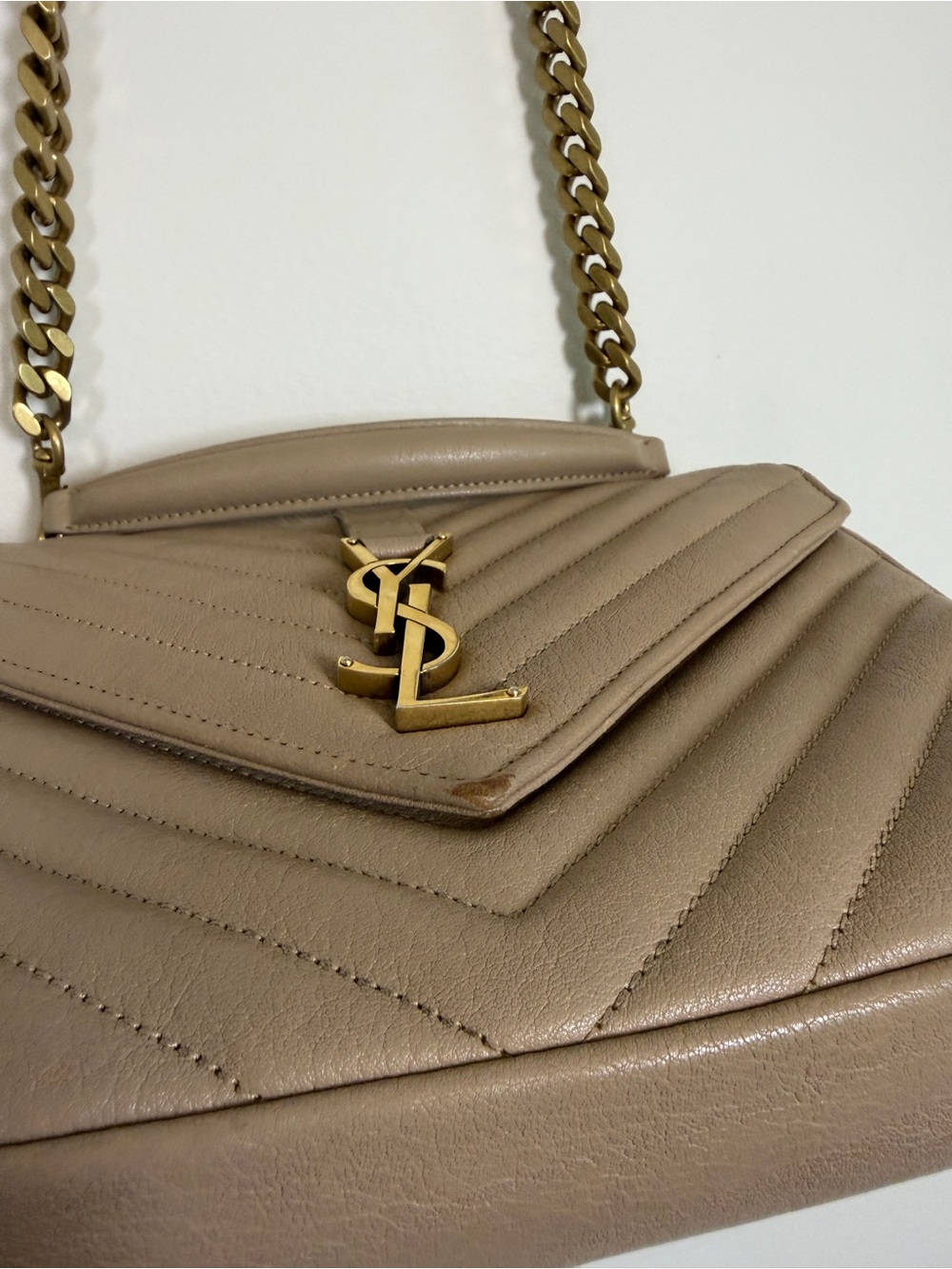 100% AUTH YSL Saint Laurent Dark Beige Sheepskin Matelassé Chevron College Bag - Picture 6 of 14